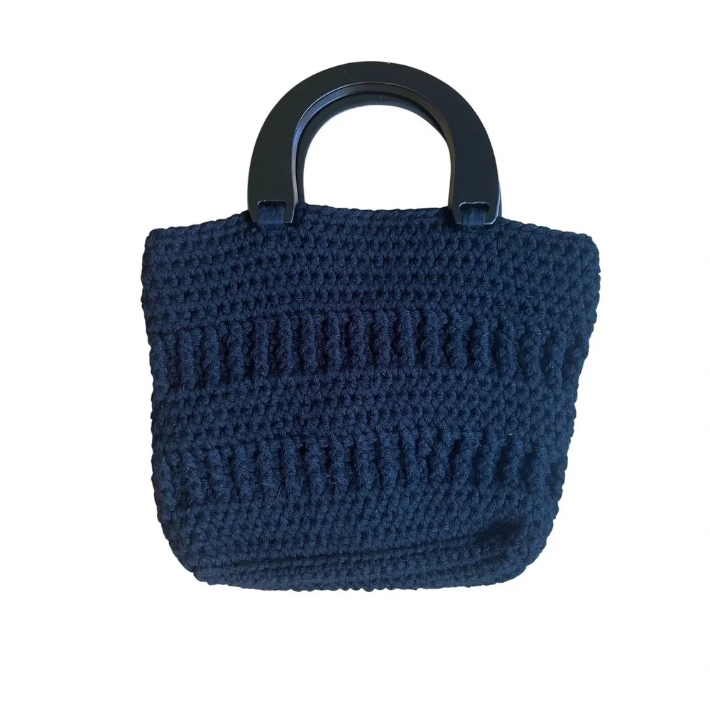 Black Crochet Knit Tote Bag with Round Top Handles Textured Handmade Purse